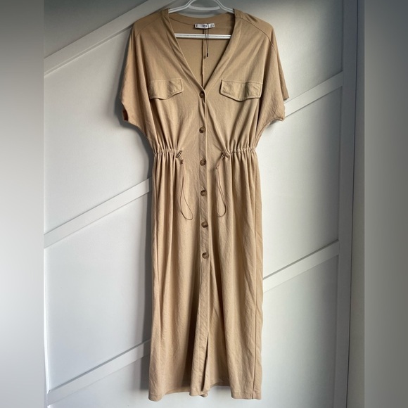 Mango Utility Drawstring Khaki Beige Mocha Brown Midi Linen Dress size S - Picture 9 of 11